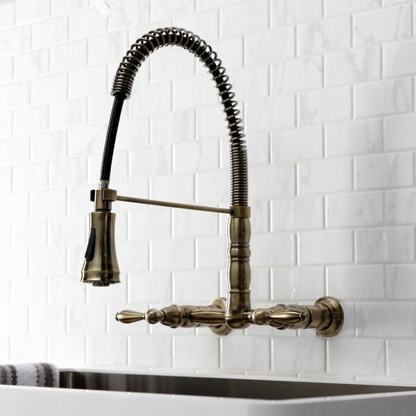 GS1243AL Two-Handle Wall-Mount Pull-Down Sprayer Kitchen Faucet, Antique Brass